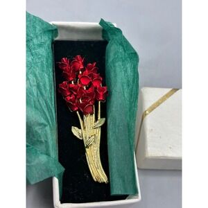 Gold Tone Red Enamel Flower Bouquet Brooch Pin